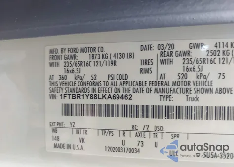 2020 Ford Transit-250 из США, поврежденный, VIN 1FTBR1Y88LKA69462